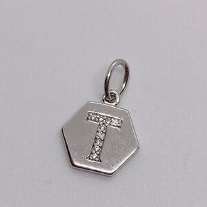Origami Owl 925 Sterling Silver CZ Letter T Hexagon Pendant Charm | 15mm L